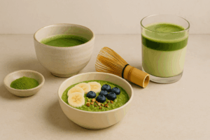 Gezond ontbijt met matcha smoothie en smoothie bowl met vers fruit – superfood en gezonde voeding.