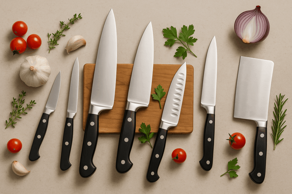 Keukenmessenset met groenten op tafel – hoogwaardige snijmessen voor chef-koks en kookliefhebbers.