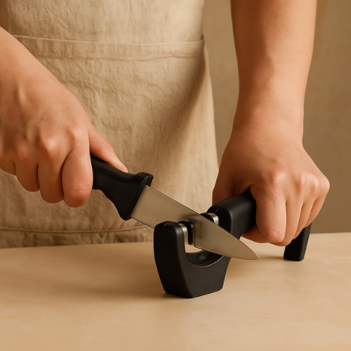 Persoon slijpt een keukenmes met een compacte messenslijper – veilig en scherp snijden in de keuken.