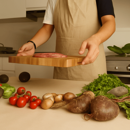 Vlees wordt klaargelegd op houten snijplank met verse groenten – koken met verse ingrediënten.