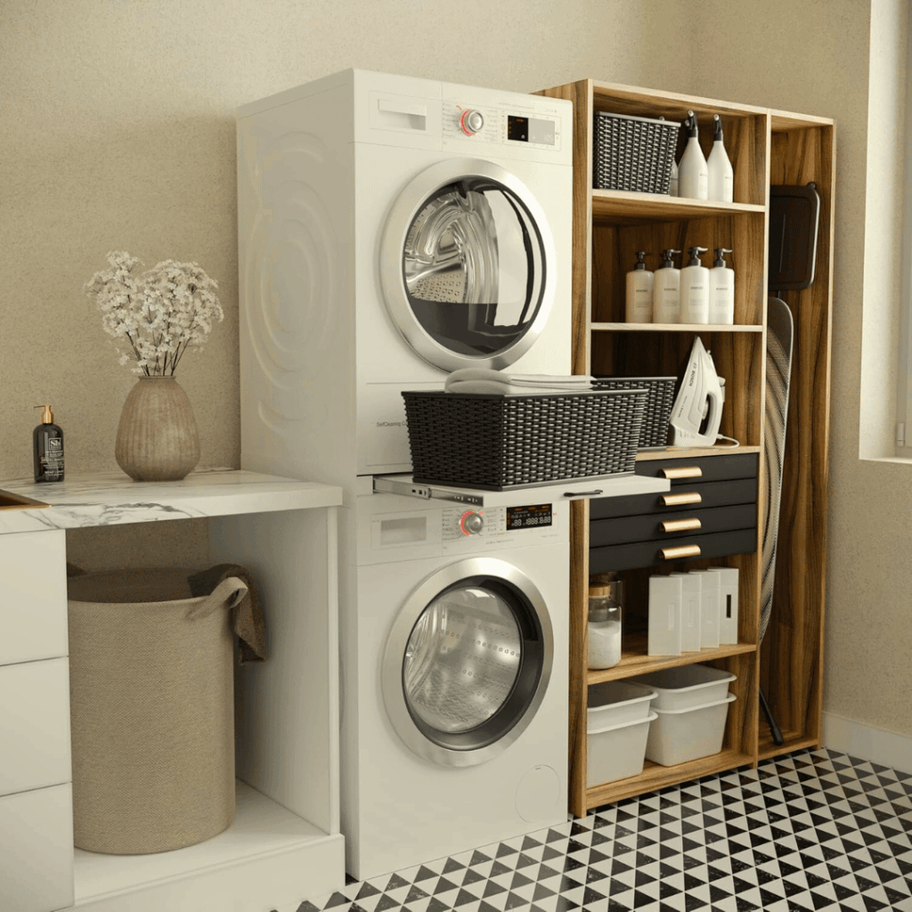 Stijlvolle wasruimte met gestapelde wasmachine en droger, en houten kast voor wasbenodigdheden.