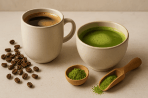 Kopje koffie en matcha thee naast verse koffiebonen en matchapoeder – energiedrank voor elke ochtend.