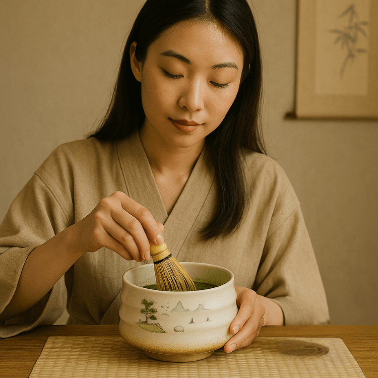 Vrouw bereidt matcha thee in Japanse chawan kom met bamboe klopper