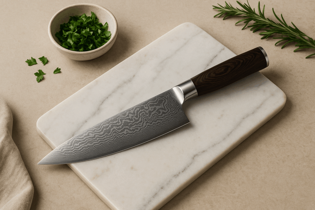 Hoogwaardig Japans koksmes op marmeren plank met verse kruiden – professionele keukengereedschap.