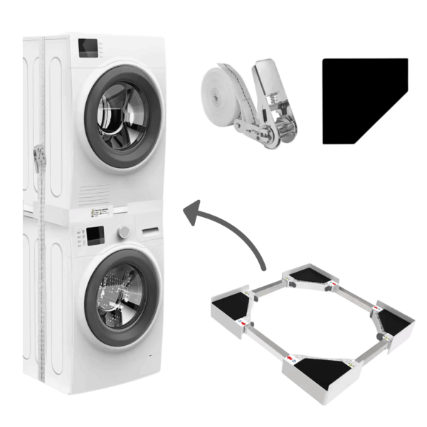 Droger op wasmachine plaatsen met verstelbare stapelkit en spanband – Dastium montagevoorbeeld