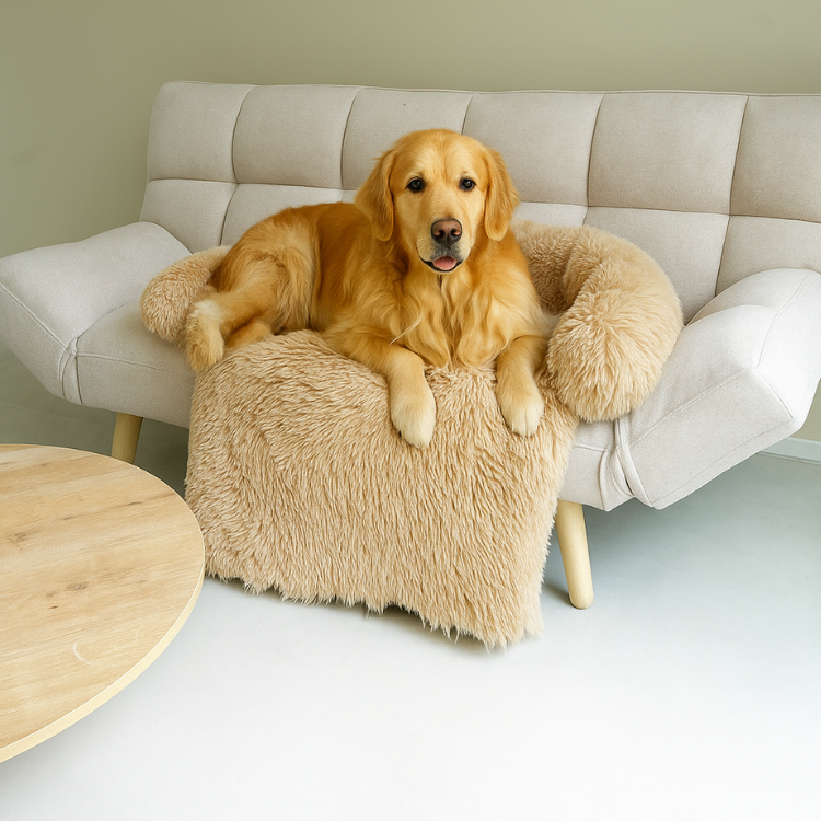 Golden Retriever ligt op fluffy hondendeken op beige bank