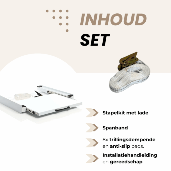Inhoud set van Dastium stapelkit – lade, spanband, antislip pads, handleiding en gereedschap inbegrepen