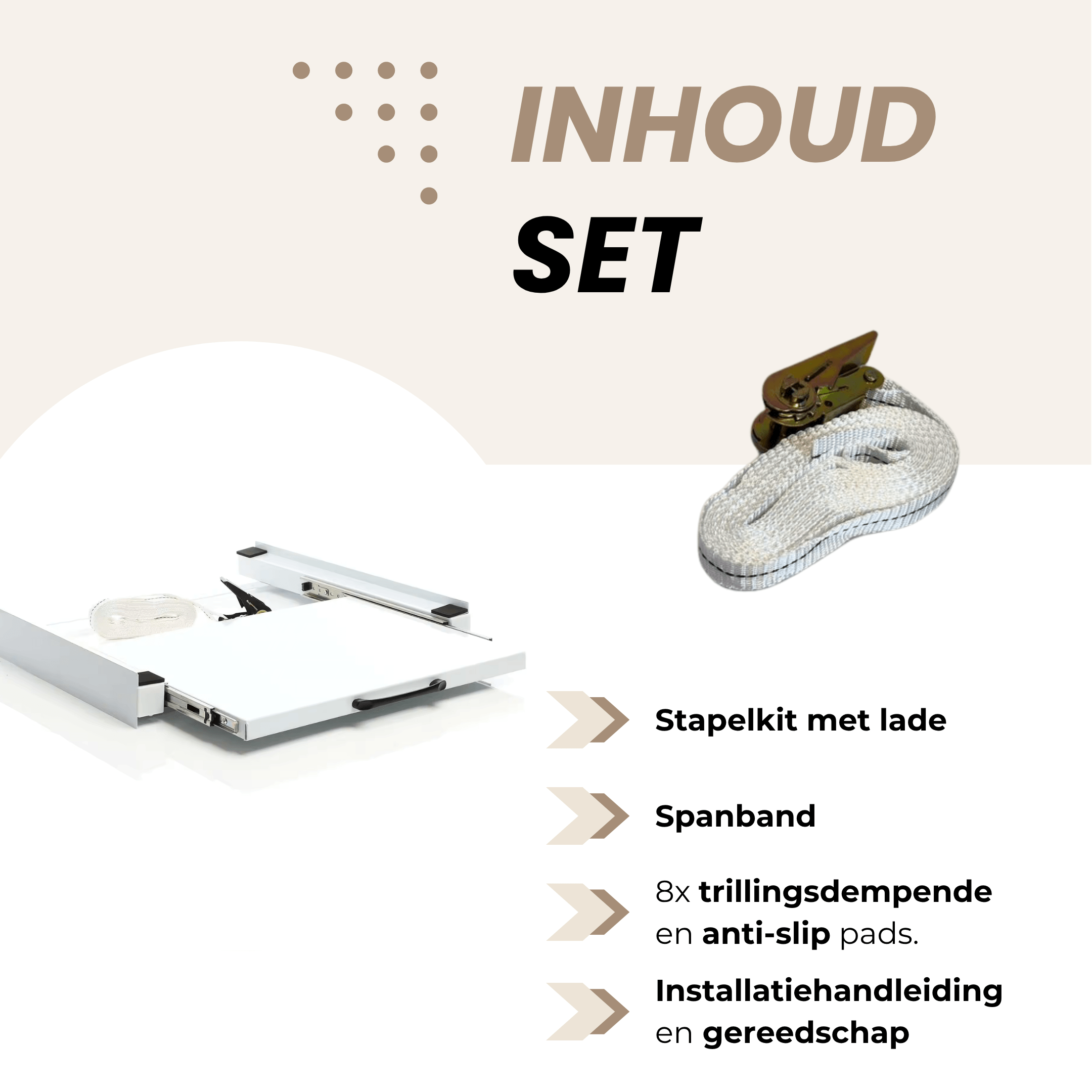 Inhoud set van Dastium stapelkit – lade, spanband, antislip pads, handleiding en gereedschap inbegrepen