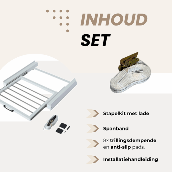 Complete inhoud set droogrek-stapelkit met lade, spanband en anti-slip pads