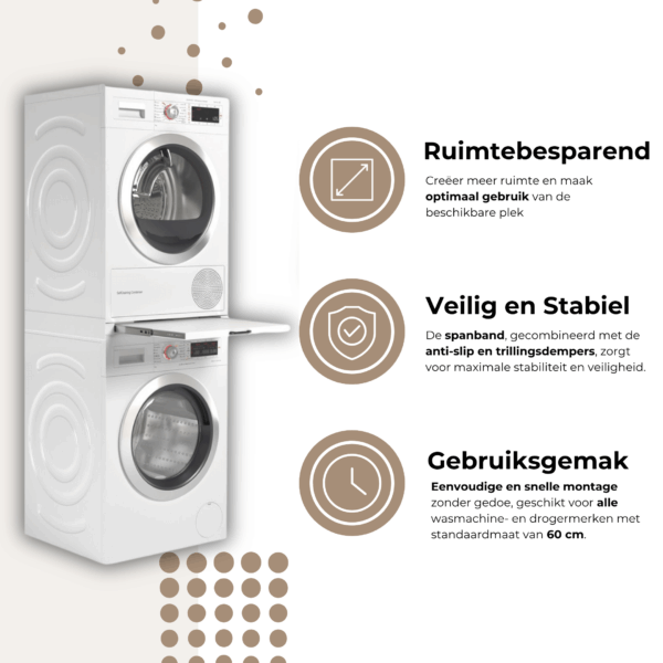 Ruimtebesparende stapelkit met lade – veilig en stabiel droger op wasmachine plaatsen met extra gebruiksgemak