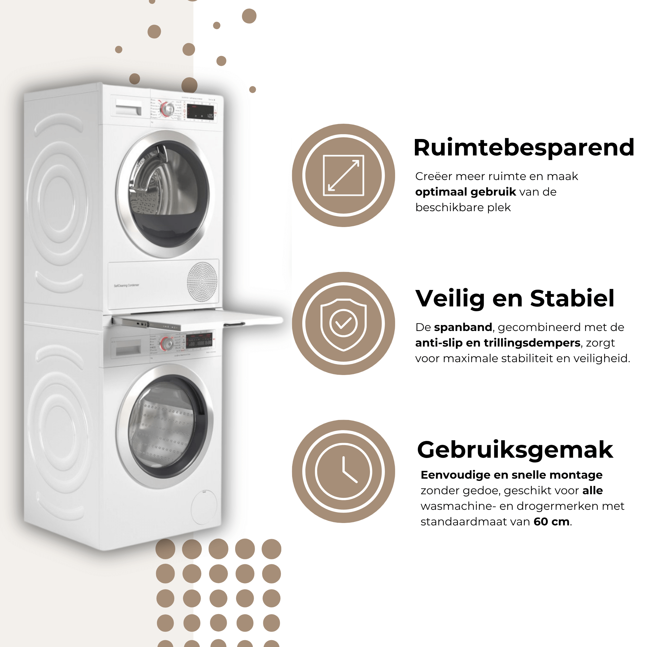 Ruimtebesparende stapelkit met lade – veilig en stabiel droger op wasmachine plaatsen met extra gebruiksgemak