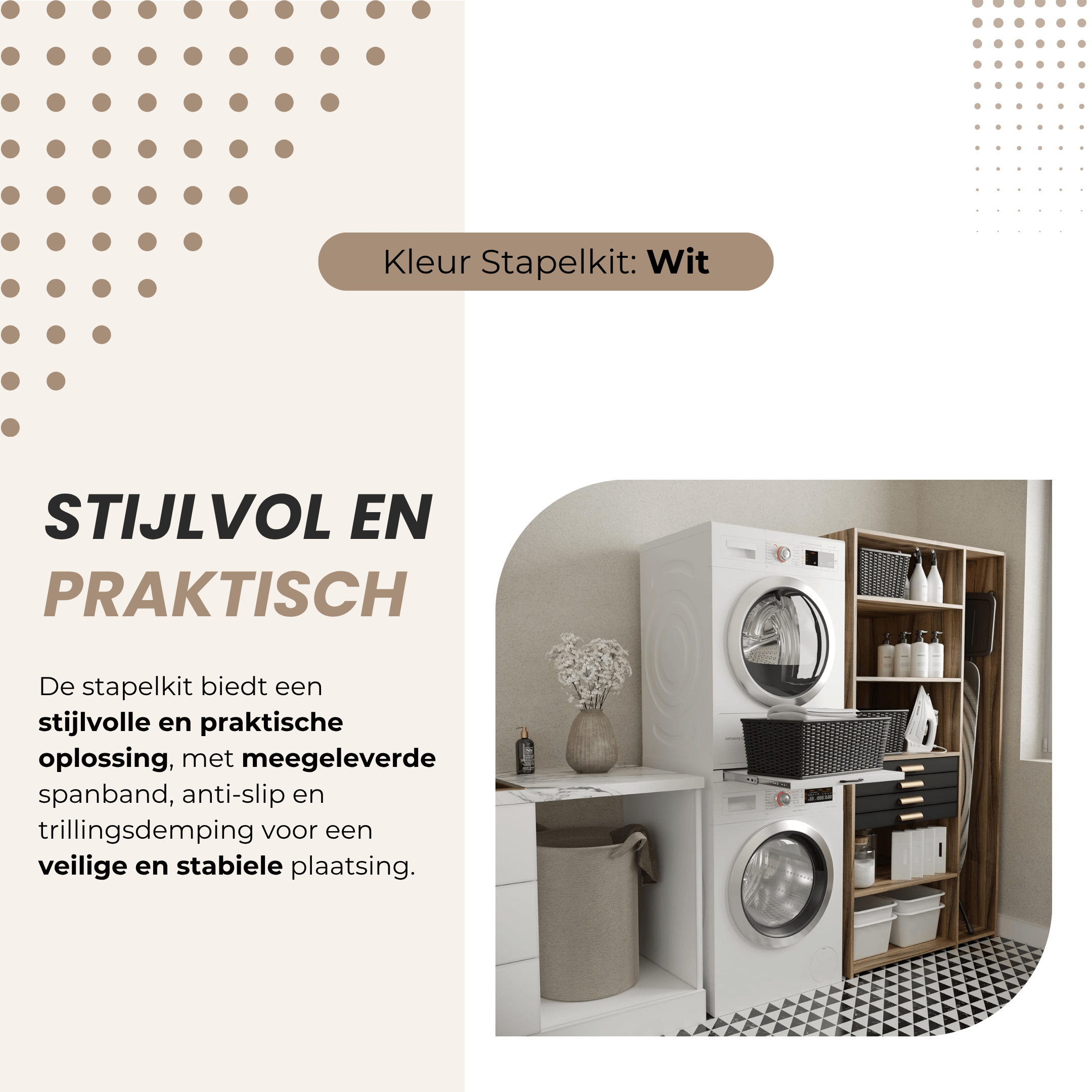 Stijlvolle en praktische opstelling met witte Dastium stapelkit – perfect voor moderne wasruimtes