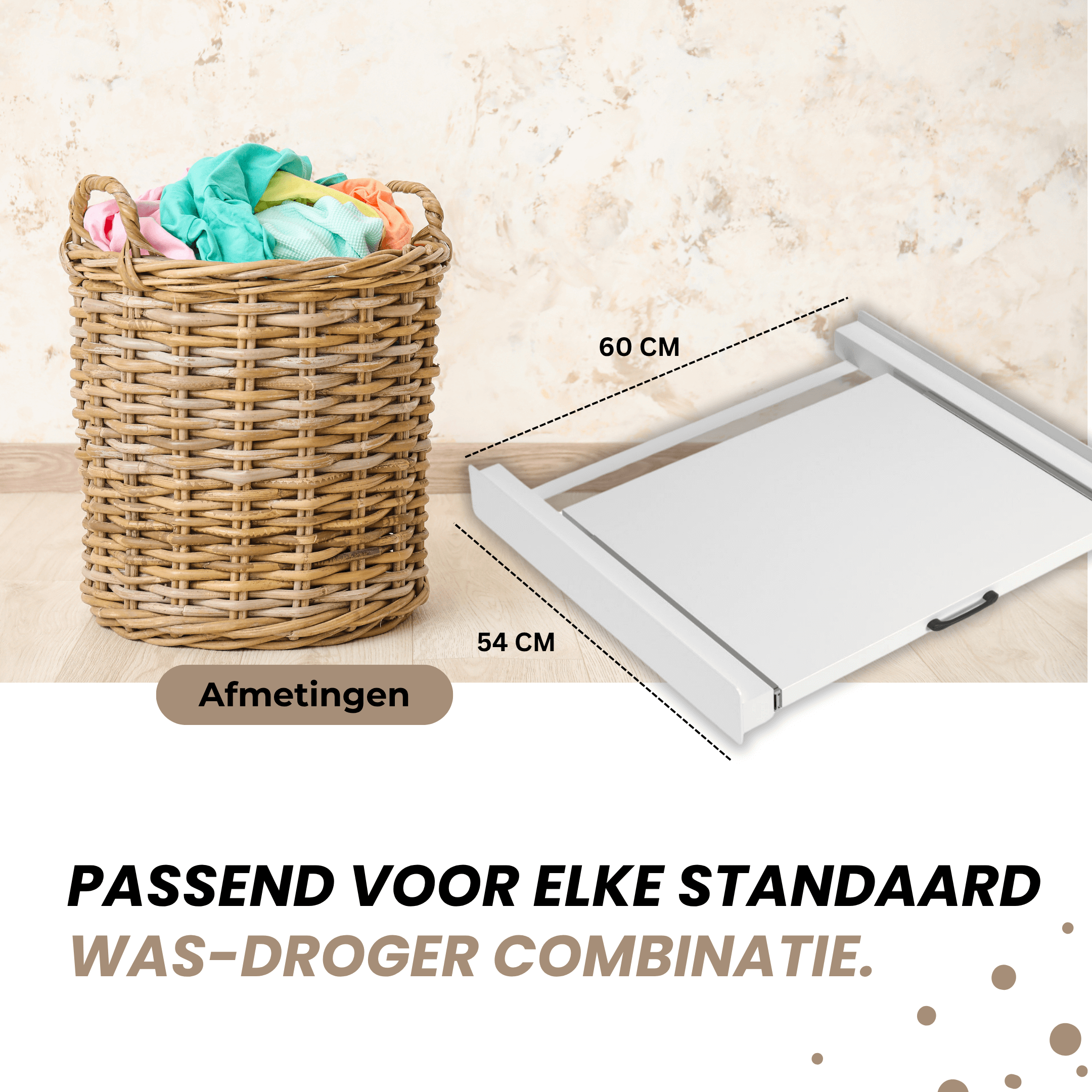 Afmetingen van stapelkit met plank – geschikt voor elke standaard was-droger combinatie tot 60 cm breed