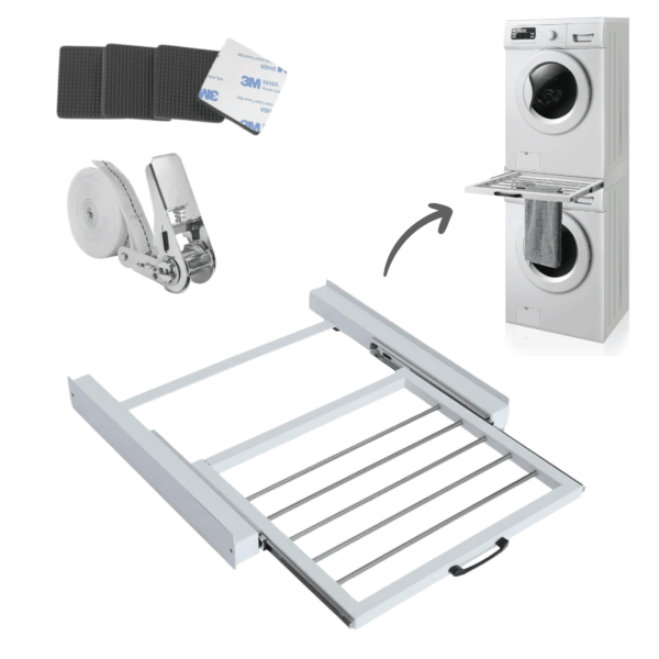 Complete droogrek-stapelkit met uitschuifbare plank, spanband, antislip pads en montagevoorbeeld op was-droger combinatie