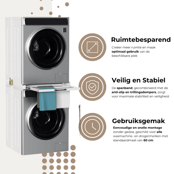 Veilige en ruimtebesparende was-droger combinatie met droogrek tussenoplossing