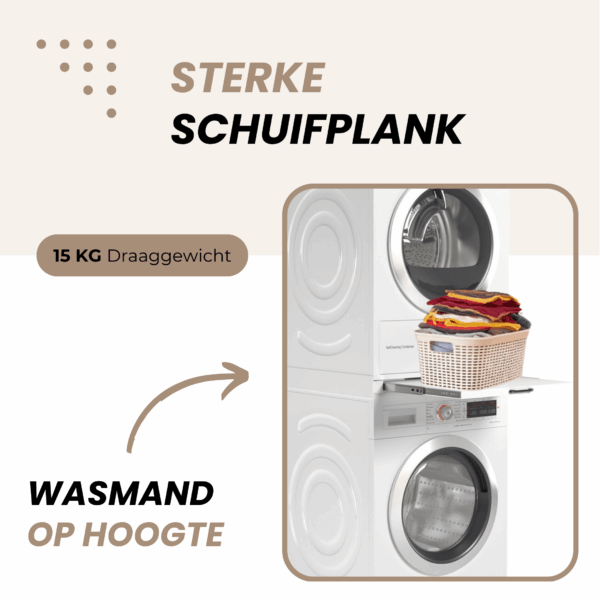 Sterke schuifplank met 15 kg draagvermogen – wasmand op hoogte bij stapelkit droger-wasmachine combinatie