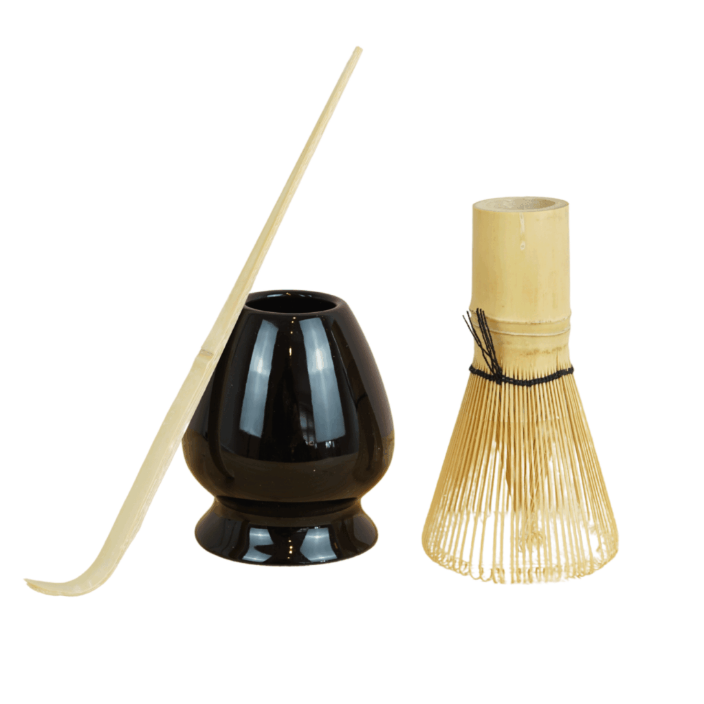 Complete 3-delige matcha set in zwart – chasen, chashaku en kuse naoshi voor thuisgebruik