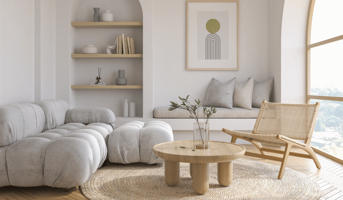 Moderne woonkamer met Scandinavisch interieurdesign, lichte meubels en natuurlijke accenten.