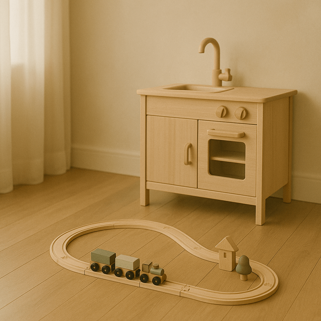 Houten speelkeuken met gootsteen en speelgoedtrein voor binnen