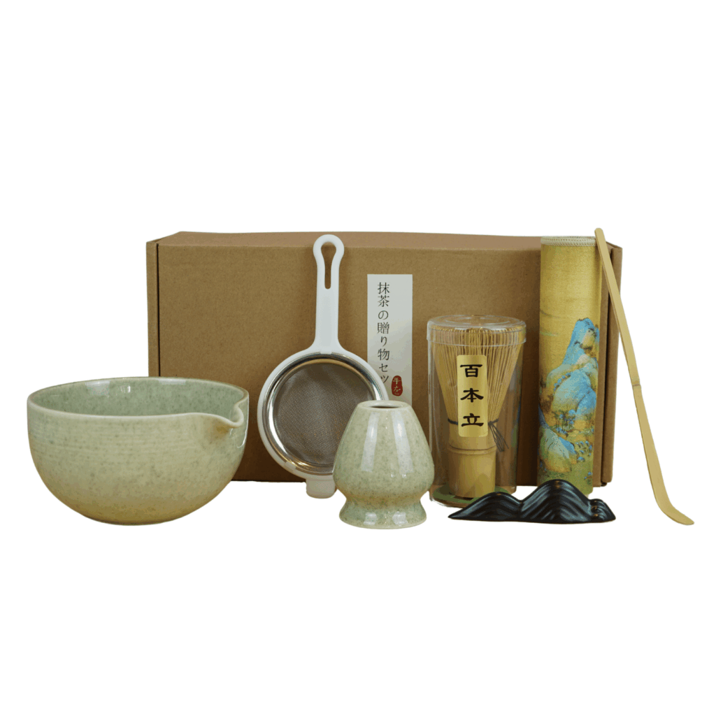 Volledige 7-delige groene matcha set – met chawan, chasen, chashaku, zeef, houder, serveermat en lepelstandaard
