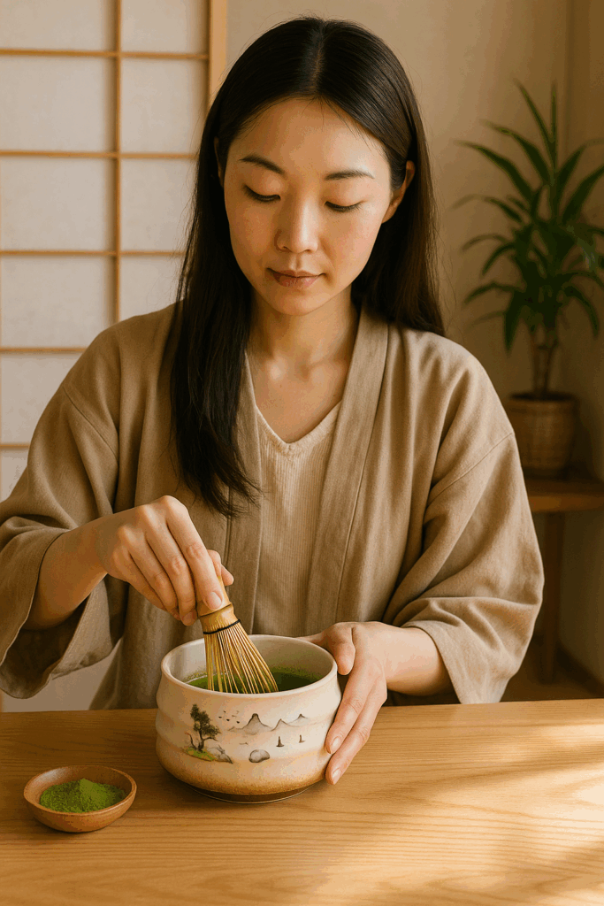 Vrouw in kimono klopt verse matcha thee op traditionele Japanse wijze – matcha ceremonie.