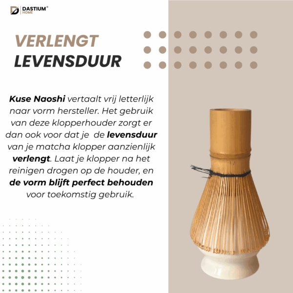 Bamboe matcha klopper in witte houder – verlengt levensduur en behoudt vorm