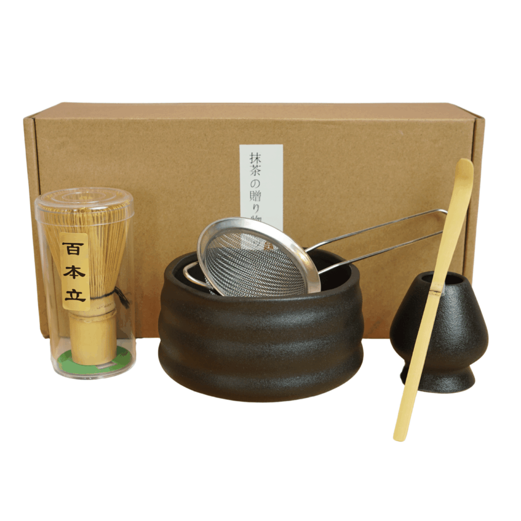 Complete 5-delige matcha set zwart aardewerk met kom, klopper en lepel