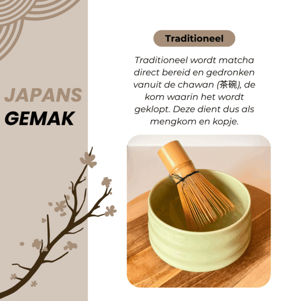 Traditionele Japanse matcha set met bamboe klopper en groene kom