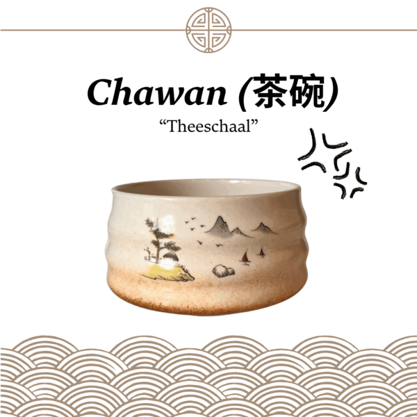 Chawan wit met Japanse illustratie – traditionele matcha kom voor authentieke bereiding