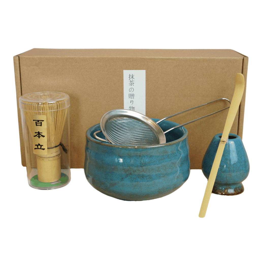 Matcha accessoires – turquoise set met zeef, kom, bamboe lepel en chasen houder