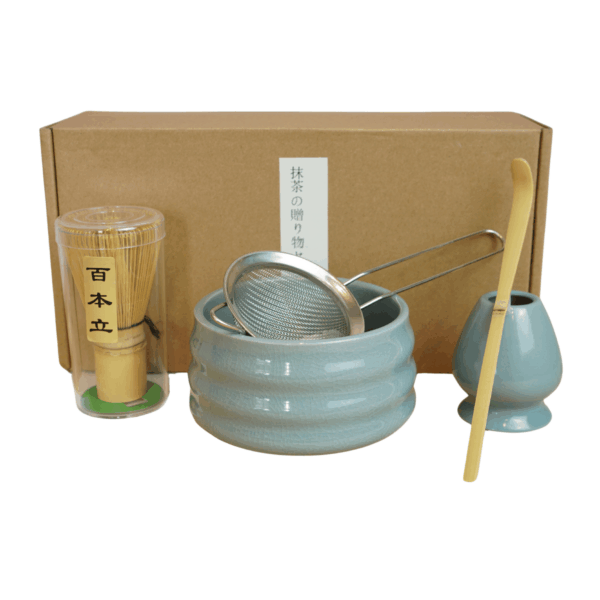 Matcha set lichtblauw – stijlvolle 5-delige set met lichtblauwe kom, zeef, houder, lepel en klopper
