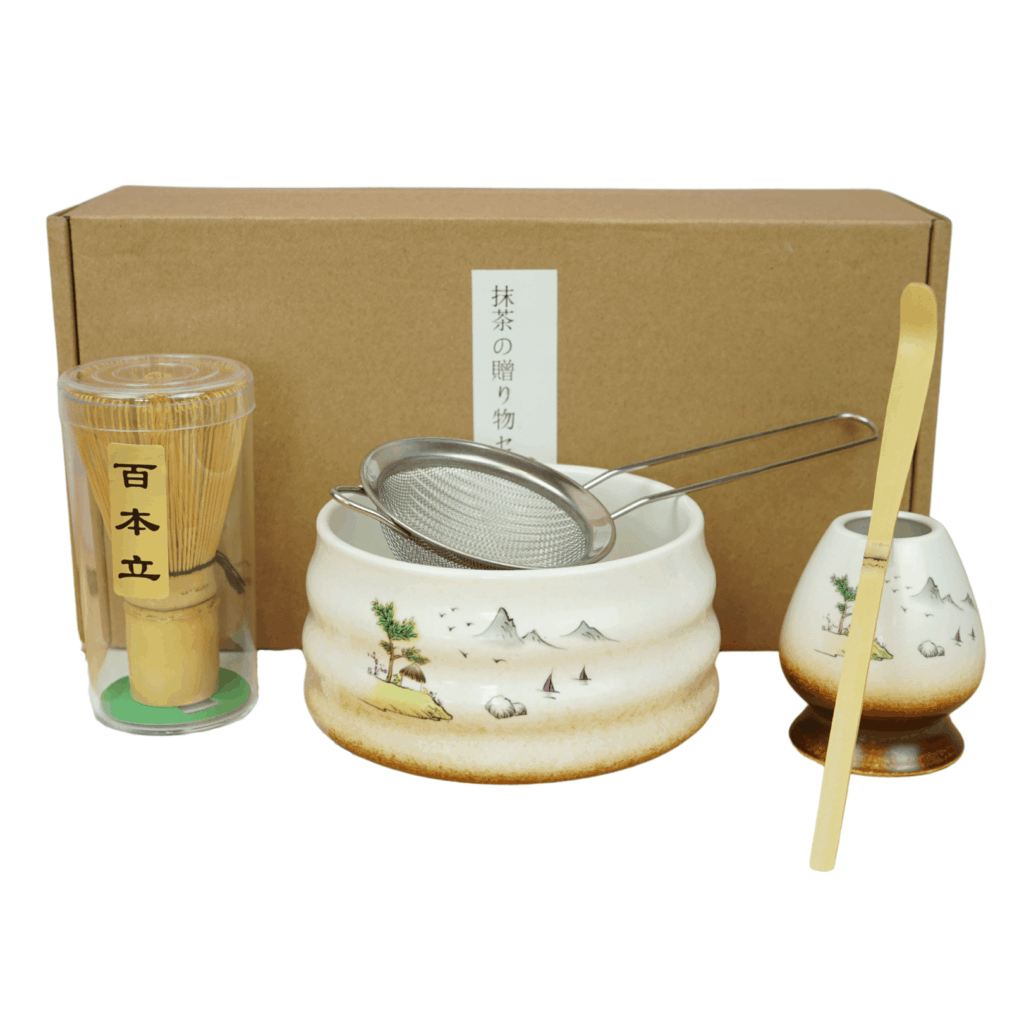 Matcha accessoires wit – chawan, zeef, houder, chasen en chashaku in klassieke stijl