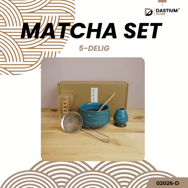 Matcha set turquoise – complete 5-delige set met chawan, chasen, zeef, houder en chashaku