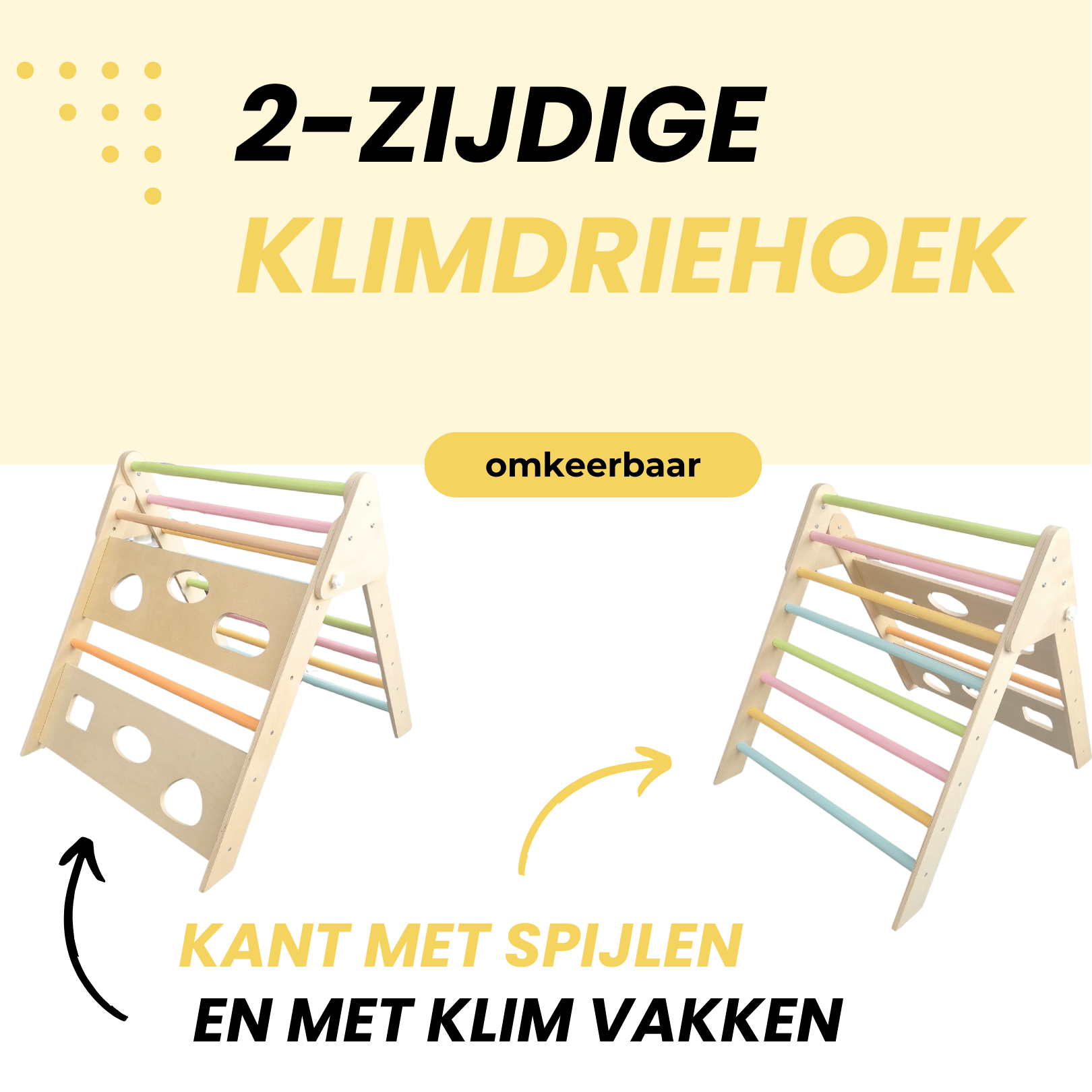 2-zijdige Pikler klimdriehoek met spijlen en klimvakken voor kinderen