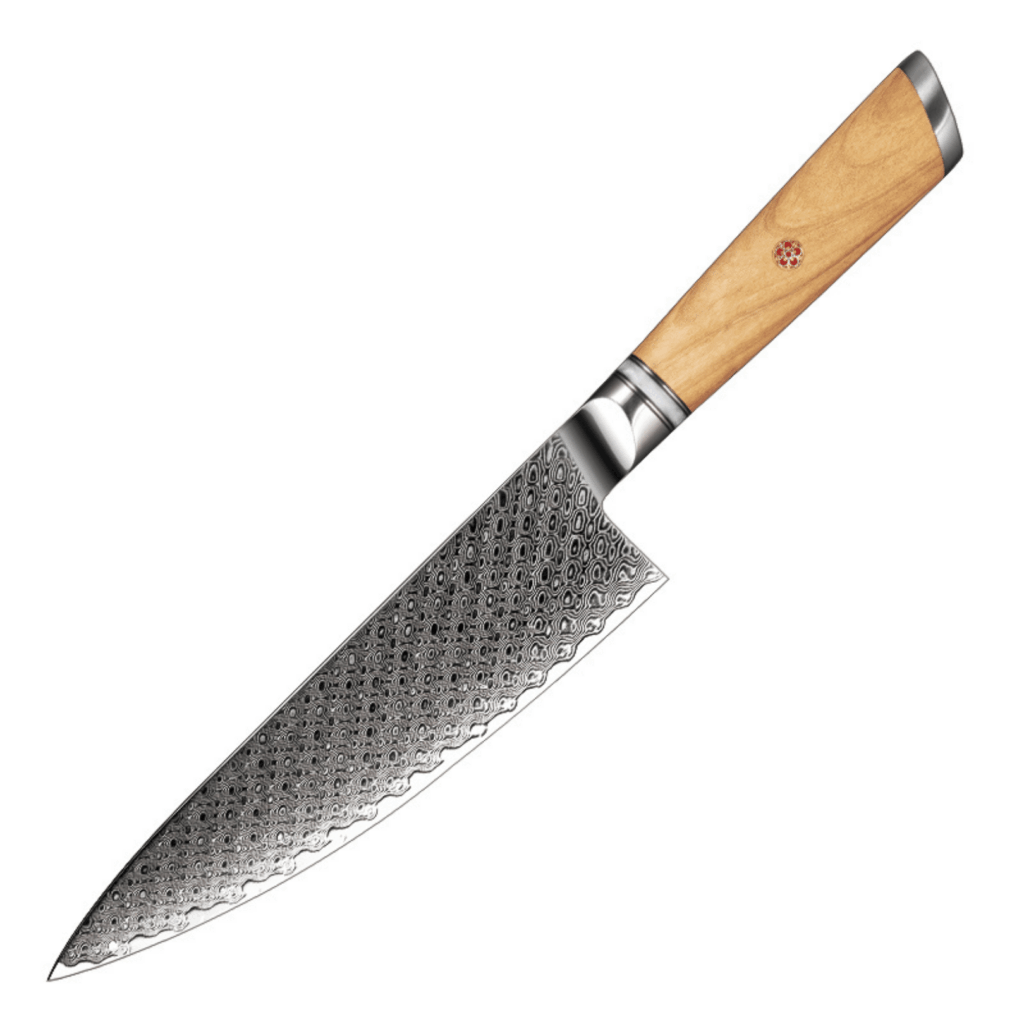 Close-up van het Dastium Home 67-laags Damascus koksmes van 20 cm, met opvallend olijfhouten handvat en witte hars inleg, waarbij het prachtige golfpatroon van het lemmet duidelijk zichtbaar is.
