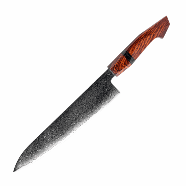 Close-up van het Dastium Home 67-laags Damascus koksmes met 23 cm lemmet, waarbij het gelaagde patroon en het luxe sandelhouten handvat duidelijk zichtbaar zijn.