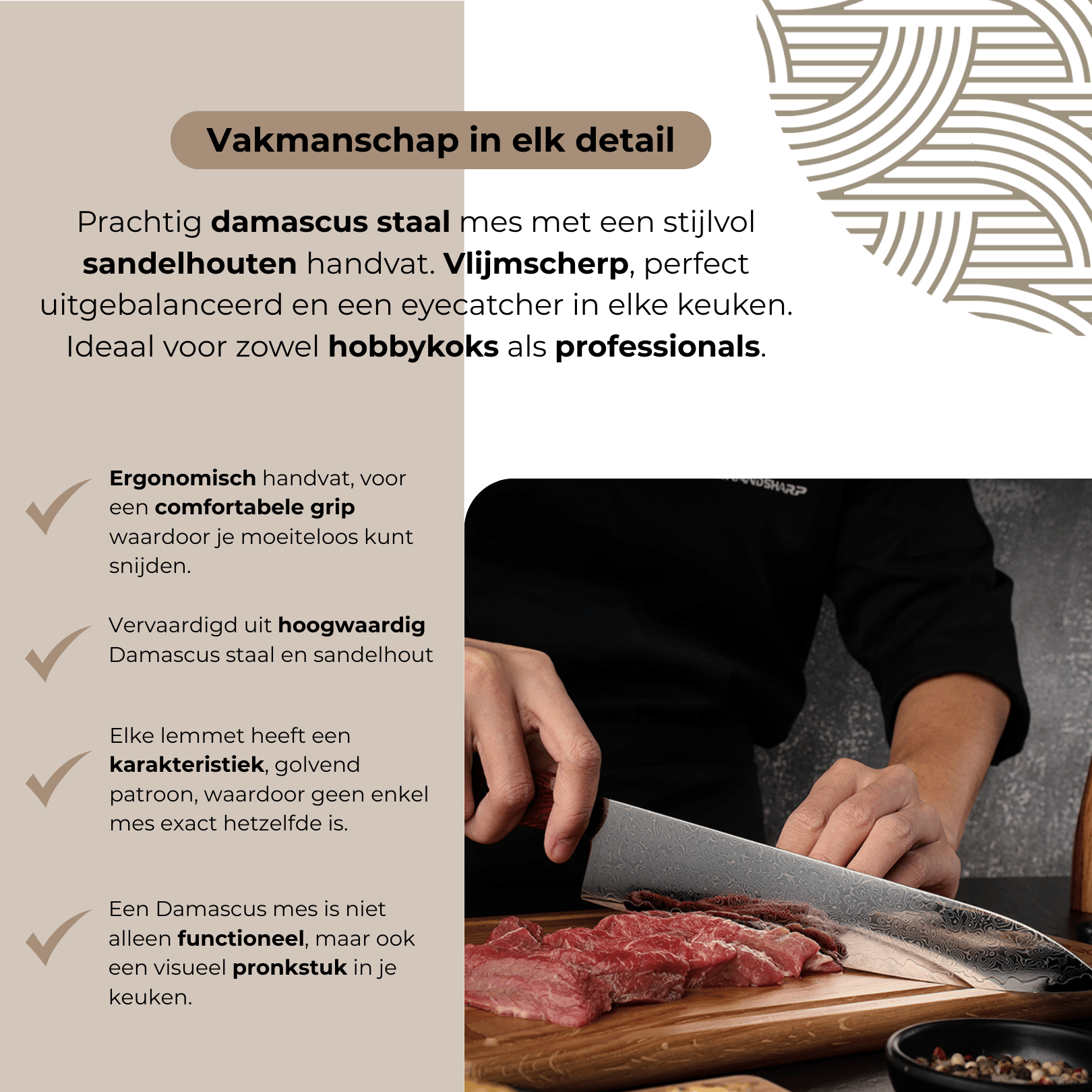 Het Dastium Home Damascus mes in actie tijdens het snijden van vlees, waarbij het scherpe lemmet moeiteloos door de ingrediënten glijdt.