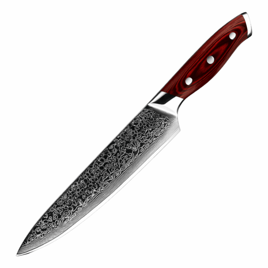 Omschrijving: Close-up van het Dastium Home 67-laags Damascus koksmes met een elegant rood pakkahouten handvat, liggend op een witte achtergrond. Het lemmet toont het iconische golfpatroon van echt Damascusstaal.
