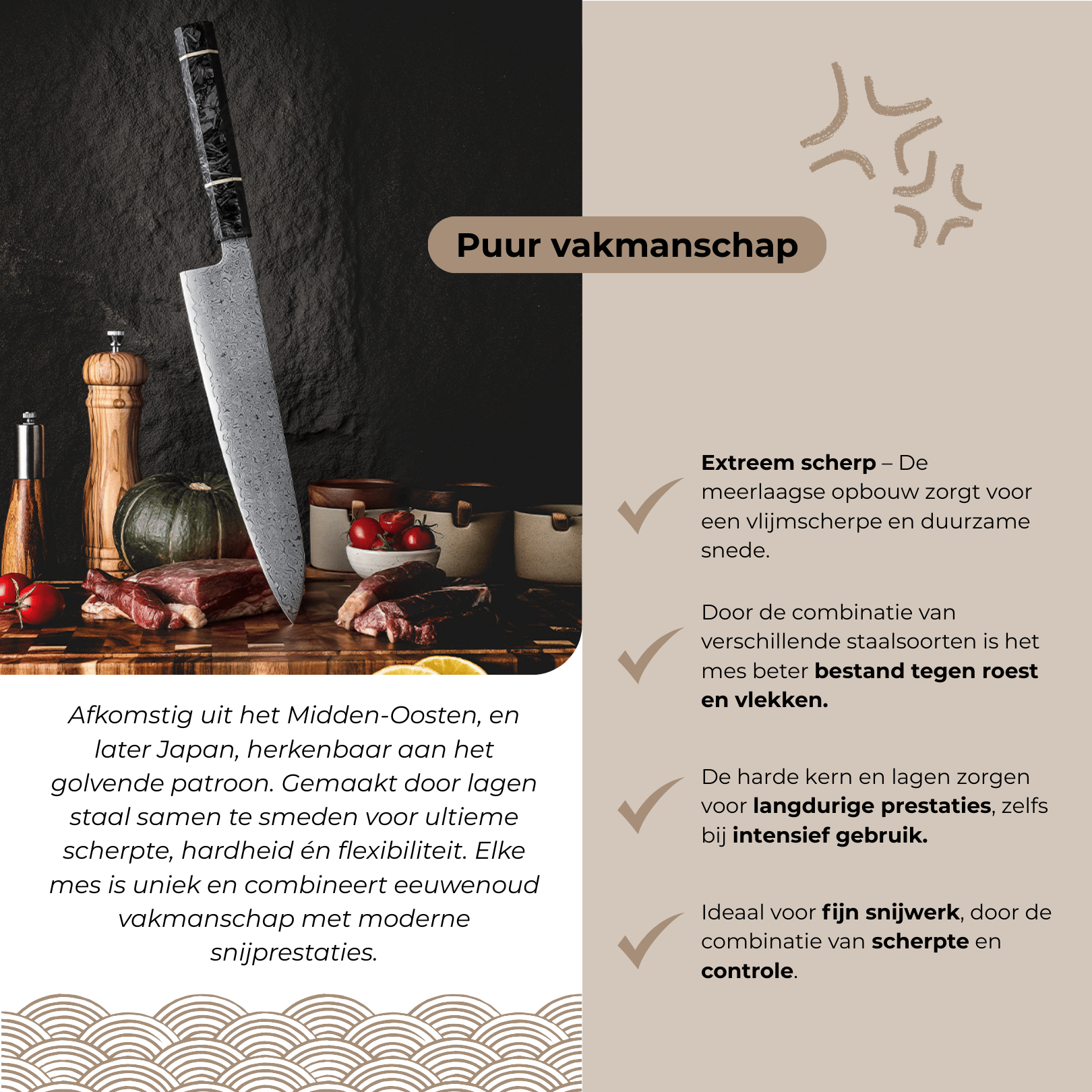 Hoogwaardig Dastium Home Damascus koksmes 23cm – forged carbon handvat – specificaties.