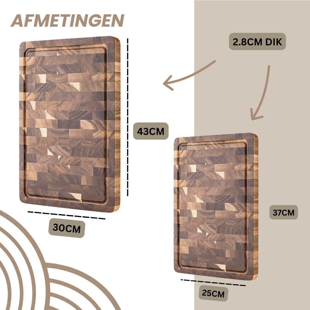 Afmetingen van de grote en kleine snijplank in de set, duidelijk weergegeven om de veelzijdigheid en praktische inzetbaarheid te benadrukken.