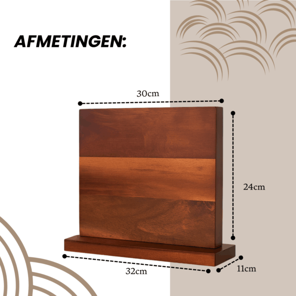 Duidelijke weergave van de afmetingen van het essenhouten messenblok: 29 cm hoog, 29 cm breed, voet 31 x 10 cm voor optimale stabiliteit.