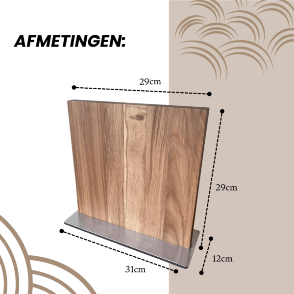 Duidelijke weergave van de afmetingen van het acaciahouten messenblok: 29 cm hoog, 29 cm breed, voet 31 x 10 cm voor optimale stabiliteit.