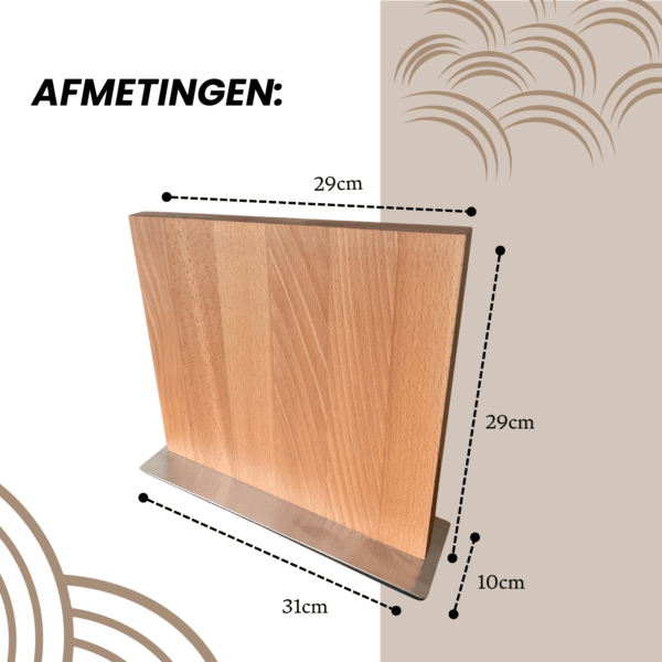 Duidelijke weergave van de afmetingen van het houten messenblok: 29 cm hoog, 29 cm breed, voet 31 x 10 cm voor optimale stabiliteit.