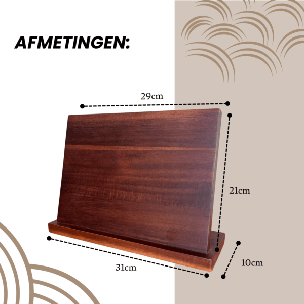 Afbeelding met de afmetingen van het essenhouten messenblok: 29 cm hoog, 29 cm breed, voet 31 x 10 cm voor optimale stabiliteit.