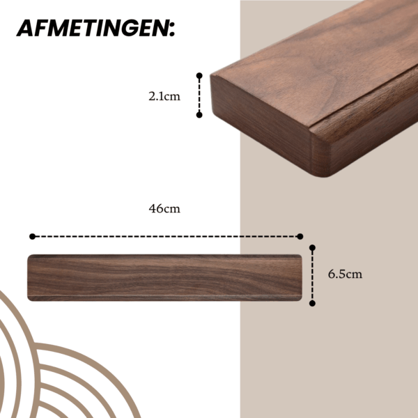 Afmetingen van de magnetische messenhouder: 45 cm lang, 9 cm hoog en 4 cm diep, geschikt voor meerdere keukenmessen.