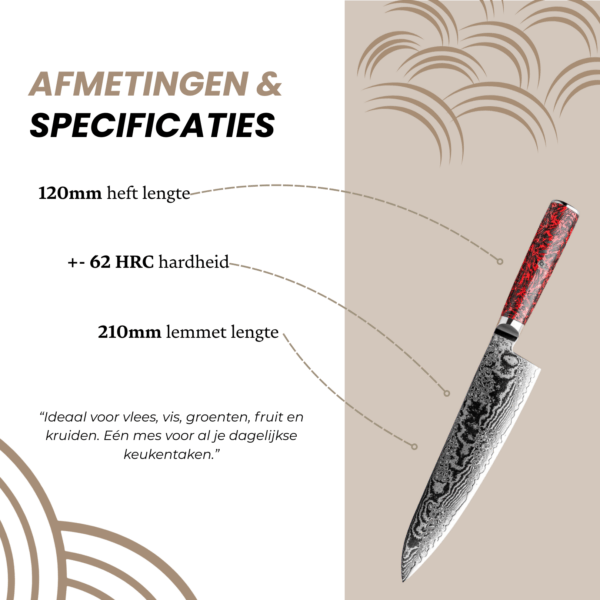 Overzicht van afmetingen en specificaties van het Damascus Gyuto mes: lemmetlengte, totale lengte, materiaal en hardheid.