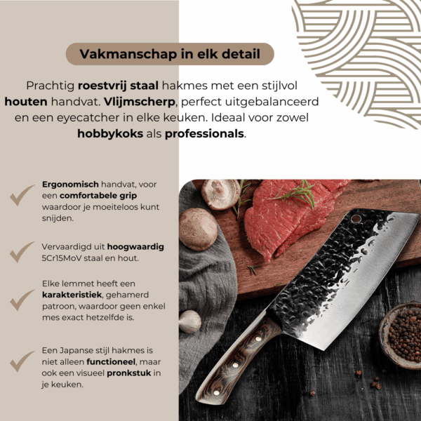 Actiefoto van het mes in gebruik; laat zien hoe het hamerpatroon voedselkleven vermindert en controle geeft bij hakken en snijden.