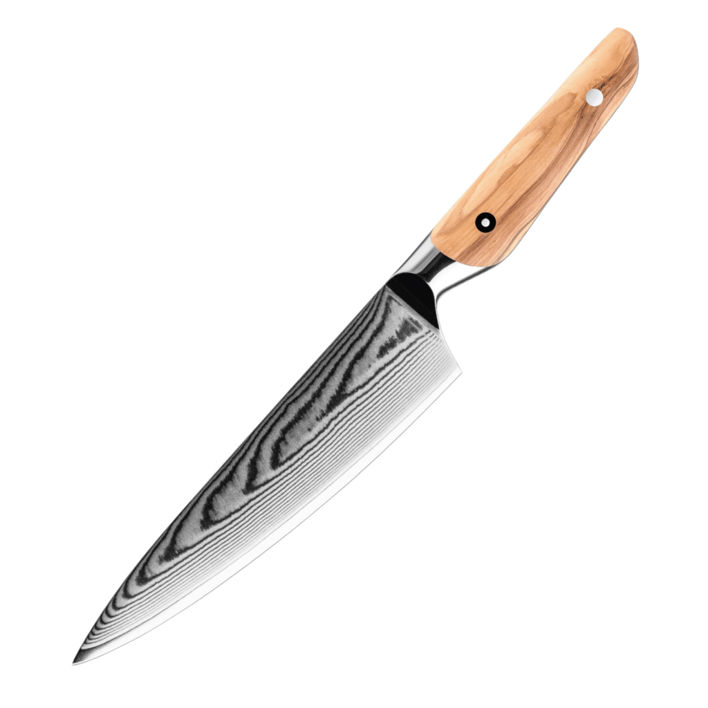 Close-up van het Damascus Gyuto mes met een lemmet van gelaagd Damascusstaal en een houten handvat. Het patroon op het blad geeft een luxe, ambachtelijke uitstraling.