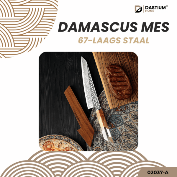 Sfeervolle presentatie van het Damascus mes inclusief luxe geschenkdoos, ideaal als cadeau voor kookliefhebbers.