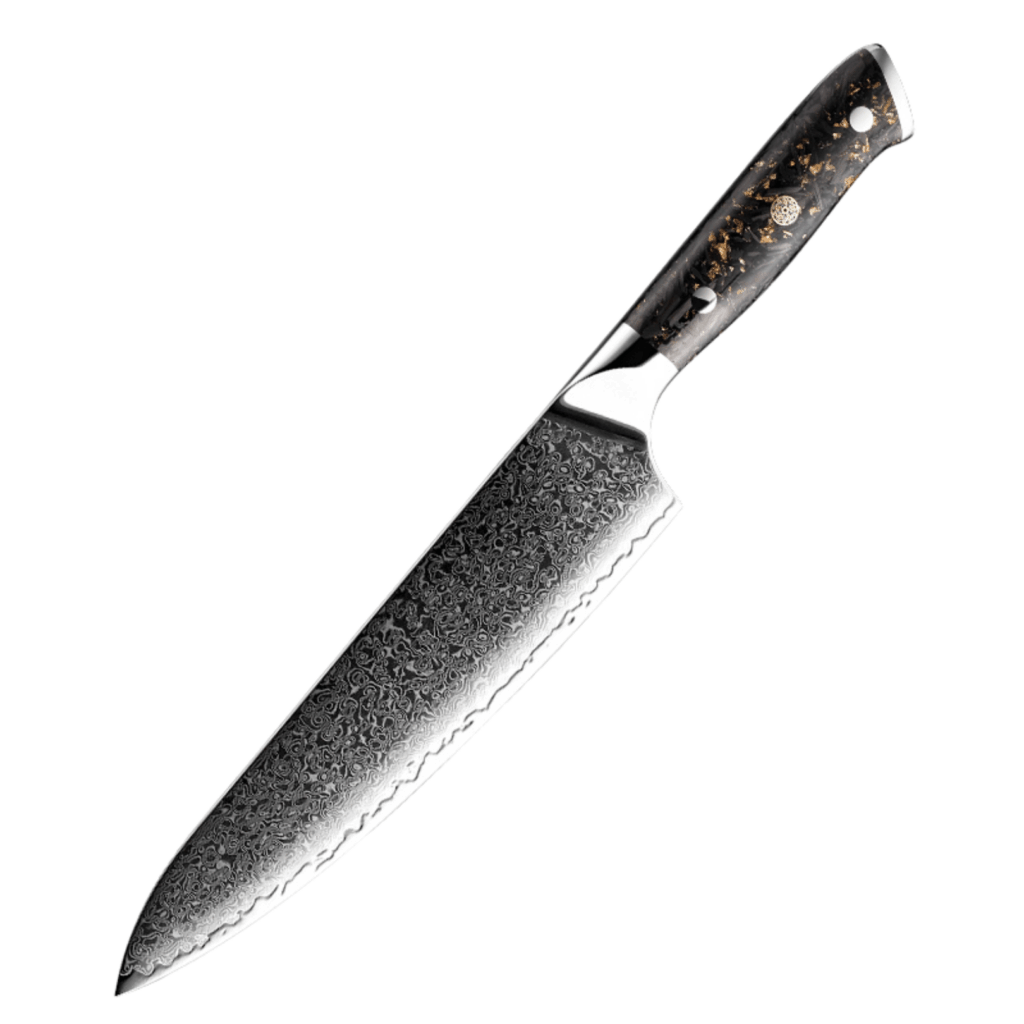 Close-up van het Damascus Gyuto mes met gelaagd Damascusstaal en een zwart handvat, perfect voor zowel professionele koks als thuiskoks.